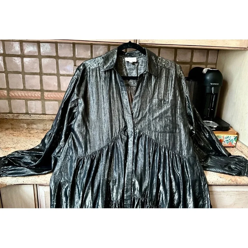 Anthropologie Pilcro Dress V Black Metallic Hi Lo Long Sleeve Midi Maxi - Picture 7 of 9